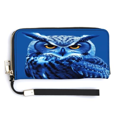 YJWANDO Geldbörse aus PU-Leder, mit blauem Eulen-Druck, moderne Damengeldbörse, lange Geldbörse für Frauen, Handheld-Clutch, Stil, 20 x 10,5 cm, modern, Stil:, 20.0*10.5cm, Modern von YJWANDO