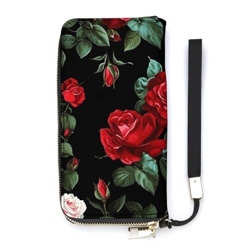 YJWANDO Geldbörse aus PU-Leder, schöner Rosen-Geschenkdruck, moderne Damengeldbörse, lange Geldbörse für Frauen, Handheld-Clutch, Stil, 20 x 10,5 cm, modern, Stil:, 20x10.5cm, Modern von YJWANDO