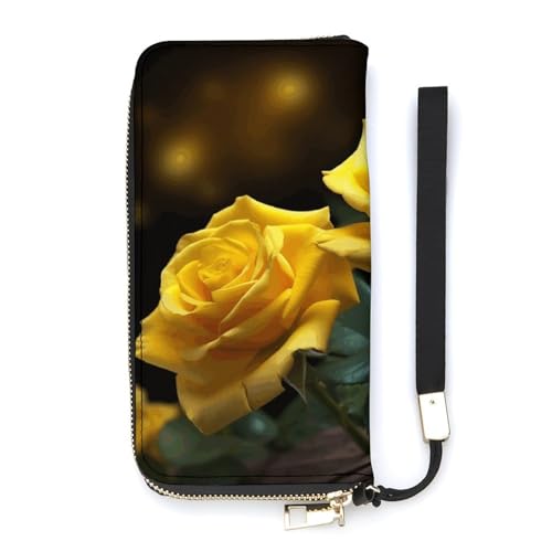 YJWANDO Geldbörse aus PU-Leder, schöner gelber Rosen-Druck, moderne Damengeldbörse, lange Geldbörse für Frauen, Handheld-Clutch, Stil, 20 x 10,5 cm, modern, Stil:, 20x10.5cm, Modern von YJWANDO