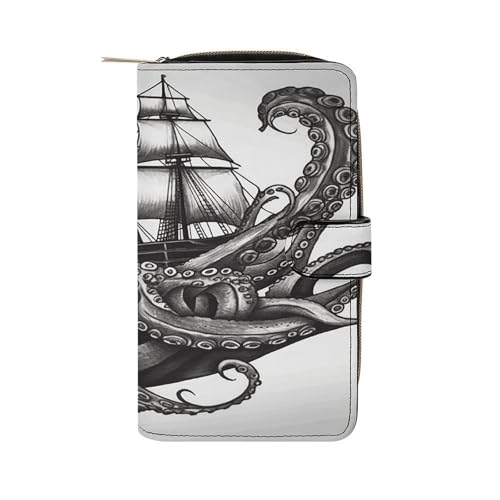 YJWANDO Geldbörse aus PU-Leder, schwarz-weiß, Oktopus- und Schiffsdruck, Geldbörse mit mehreren Steckplätzen, elegante Geldbörse, praktische Brieftasche, langlebig, moderner Stil, 19,7 x 11 x 3,5 cm, von YJWANDO