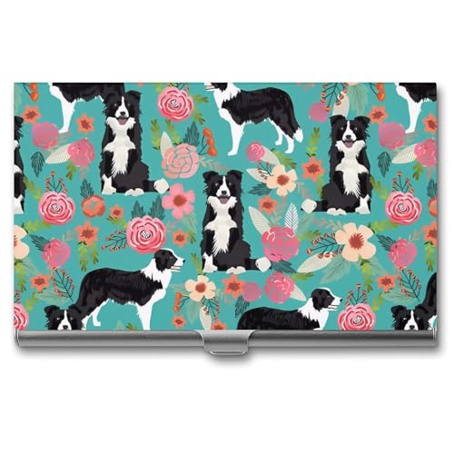 YJWANDO Visitenkartenhalter, Border Collie Florals Print Metall Kartenetui Leichter Kartenhalter Aluminium Kartenetui Tasche Kartenetui, Stil: von YJWANDO