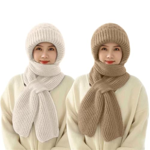 YJWZ Kapuzenschal Damen Winter,2 in 1 Winddichter Mützenschal Integrierter Gehörschutz Winddichte Mütze Schal,Niedlich Mütze Schal Set Damen Winter Warm Strickmütze,Kapuzenschal für Frauen von YJWZ