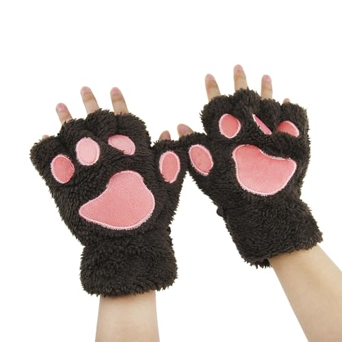 YJZQ Damen Fingerlos Handschuhe Winter Katze Claw Bear Pfote Plüsch Fäustlinge Niedliche Cartoon Halbfinger Handschuhe Warme Fausthandschuh Outdoor Dicke Handwärmer von YJZQ