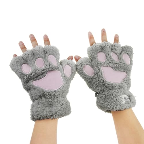 YJZQ Damen Fingerlos Handschuhe Winter Katze Claw Bear Pfote Plüsch Fäustlinge Niedliche Cartoon Halbfinger Handschuhe Warme Fausthandschuh Outdoor Dicke Handwärmer von YJZQ