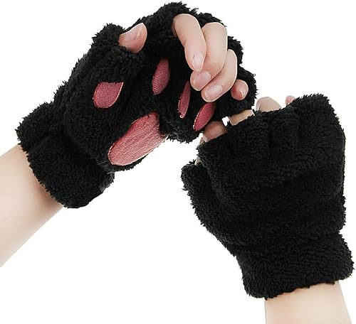 YJZQ Damen Fingerlos Handschuhe Winter Katze Claw Bear Pfote Plüsch Fäustlinge Niedliche Cartoon Halbfinger Handschuhe Warme Fausthandschuh Outdoor Dicke Handwärmer von YJZQ