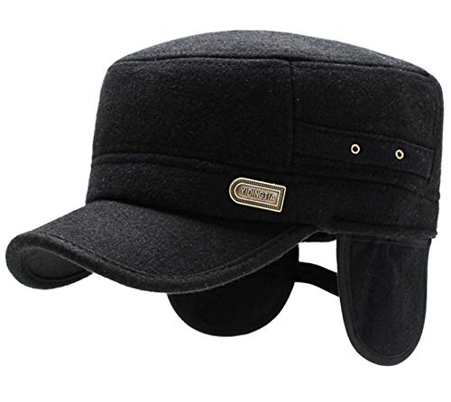 Winter Baumwolle Baseballmütze Flache Kappe mit Ohrenklappen Wintermütze mit Ohrenschutz Verstellbar Baseballcap Schweißband Wintercap Schirmmütze Gehörschutz Mützen für Männer Herren Damen Schwarz von YJZQ