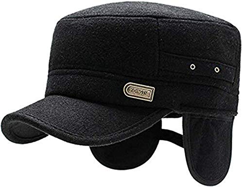 Winter Baumwolle Baseballmütze Flache Kappe mit Ohrenklappen Wintermütze mit Ohrenschutz Verstellbar Baseballcap Schweißband Wintercap Schirmmütze Gehörschutz Mützen für Männer Herren Damen Schwarz von YJZQ