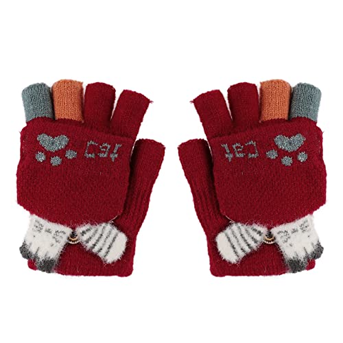 Winter Kinder Fingerlose Handschuhe Flip Handschuhe Cartoon Süße Katzenabdrücke Halbe Fingerhandschuhe Halbfingerhandschuhe Warm Fäustlinge Fingerhandschuhe für 3-8 Jahre Junge Mädchen Outdoor von YJZQ