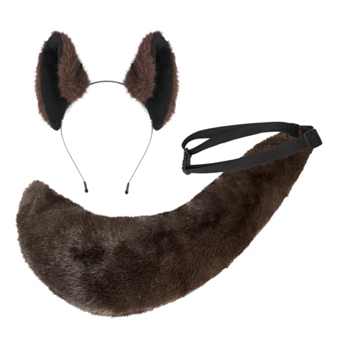Wolfsohren Haarreif Schwanz Set Plüsch Tier Kostüm Set Weiche Wolfsohr Haarspange flauschiger Schwanz Werewolf Hairband Fuchs Ohr Haarspange für Halloween, Karneval, Cosplay von YJZQ