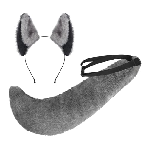 Wolfsohren Haarreif Schwanz Set Plüsch Tier Kostüm Set Weiche Wolfsohr Haarspange flauschiger Schwanz Werewolf Hairband Fuchs Ohr Haarspange für Halloween, Karneval, Cosplay von YJZQ