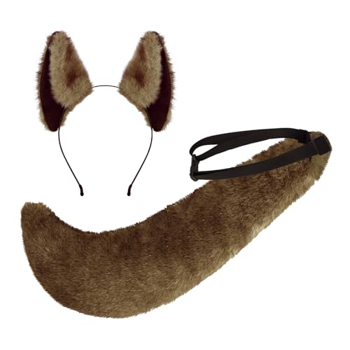 Wolfsohren Haarreif Schwanz Set Plüsch Tier Kostüm Set Weiche Wolfsohr Haarspange flauschiger Schwanz Werewolf Hairband Fuchs Ohr Haarspange für Halloween, Karneval, Cosplay von YJZQ