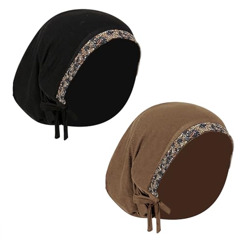 YJZQ 2 Stücke Damen Muslim Hut Weich Turban Cap Atmungsaktiver muslimischer Hijab Islamisches Kopftuch Elastische Kopfbedeckung mit Strassstein Chemo Kopftuch Bequeme Schlafmütze von YJZQ