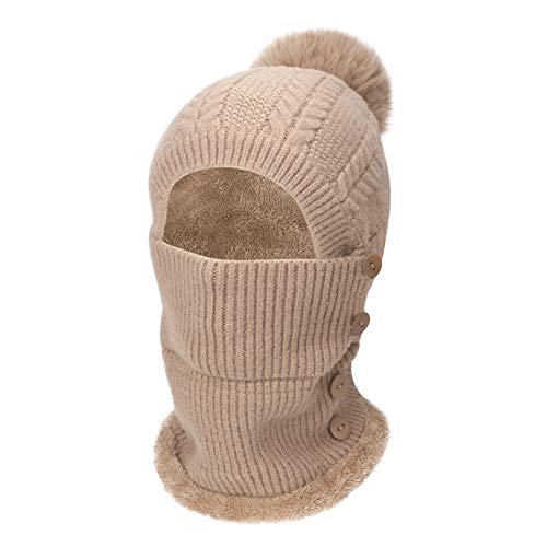 YJZQ 3 in 1 Damen Strickmütze Fliegermütze mit Ohrenschutz Schal, Winter Bommelmütze Mädchen Beanie Mütze Wintermütze mit Fell-Bommel Wintermütze mit Plüschfutter Warm Ski Mütze von YJZQ