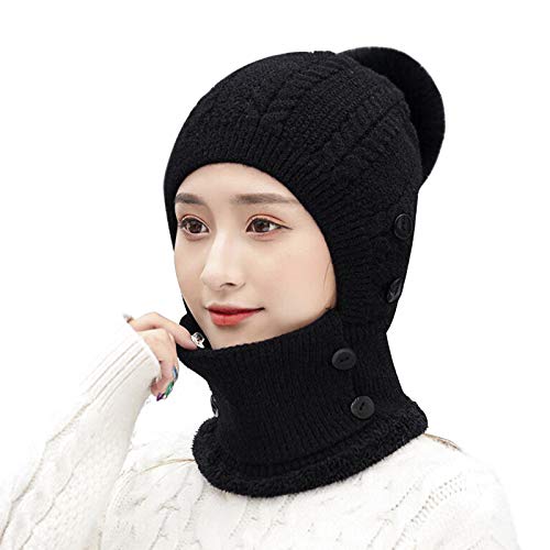 YJZQ 3 in 1 Damen Strickmütze Fliegermütze mit Ohrenschutz Schal, Winter Bommelmütze Mädchen Beanie Mütze Wintermütze mit Fell-Bommel Wintermütze mit Plüschfutter Warm Ski Mütze von YJZQ