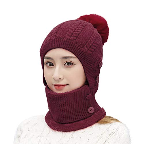 YJZQ 3 in 1 Damen Strickmütze Fliegermütze mit Ohrenschutz Schal, Winter Bommelmütze Mädchen Beanie Mütze Wintermütze mit Fell-Bommel Wintermütze mit Plüschfutter Warm Ski Mütze von YJZQ