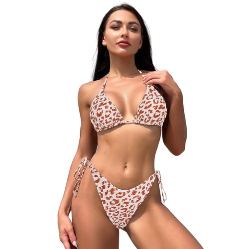 YJZQ Bikini Damen Set Leopard Gedruckt Bikini Damen Bauchweg Bikini Oberteil große Brüste Badeanzug mit V Ausschnitt Sommer (Nylon, Weiß) von YJZQ