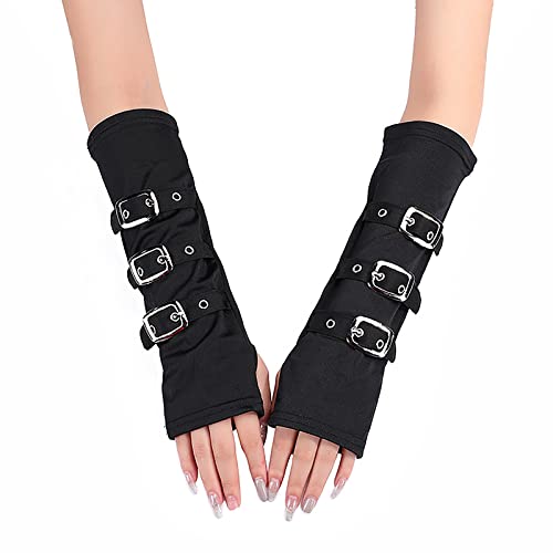 YJZQ Damen Lange Handschuhe Fingerlose Schwarze Schnalle Arm Gotisch Punk Handschuhe Coole Handschuhe Karneval Vampir Halowein Bekleidungszubehör von YJZQ