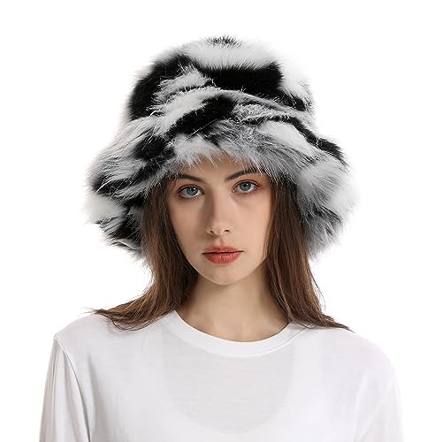 YJZQ Fischerhut Damen Winter Plüsch Bucket Hat Kunstpelz Wintermütze Breite Krempe Fellmütze Eimerhut Warme Fischermütze für Frauen Mädchen Einheitsgröße von YJZQ