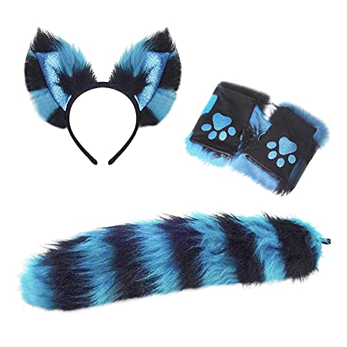 YJZQ Flauschige Fuchsohren, Schwanz, Pfote, Handschuhe, Fäustlinge, Halloween, Cosplay, Kostüm, Zubehör, Fuchs-Stirnband, Klaue für Damen, Blau, Einheitsgröße von YJZQ