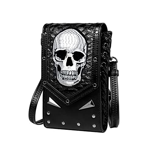 YJZQ Handytasche zum Umhängen Damen Handy Umhängetasche Mini Schulter Messenger Bag Totenkopf Handytasche Motorrad Kleiner Quadratischer Tasche Vintage Crossbody PU Leder Schultertasche für Damen von YJZQ