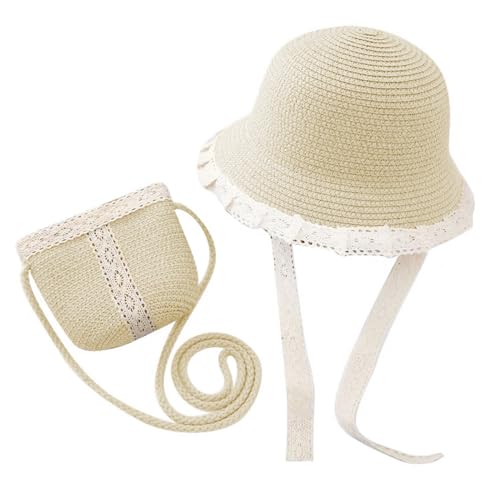 YJZQ Mädchen Sommer Strohhut Tasche Set Kinder Sommer Geflochten Sonnenhut Weicher Fischerhut Verstellbarer Strandhut mit Spitze Schöner Freizeithut für Camping, Urlaub, Reisen, Picknick, Strand von YJZQ