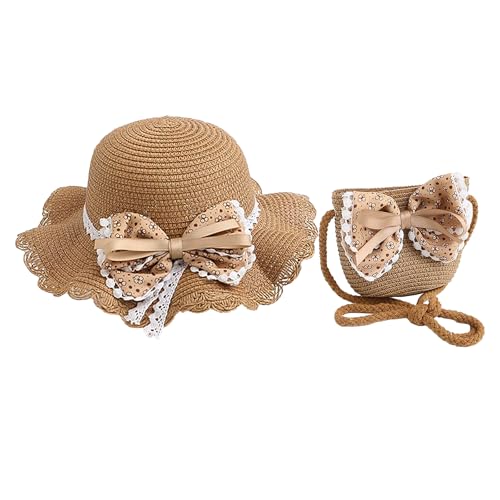 YJZQ Mädchen Strohhut und Tasche Set Schöner Sommer Sonnenhut und Mini Handtasche Set Kinder Modischer Fischerhut mit Blumen, Schleife Atmungsaktive Strandmütze für Camping, Urlaub, Picknick, Strand von YJZQ