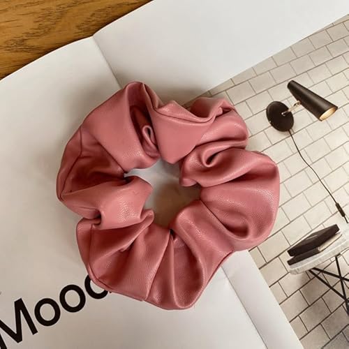 YKAFADE 3 Stücke Haargummi Scrunchie für Damen, Weich PU Leder klassische Elastische Haarbänder Pferdeschwanzhalter Haarschmuck Einfarbig Haare Ringe für Frauen Mädchen -Rosa von YKAFADE