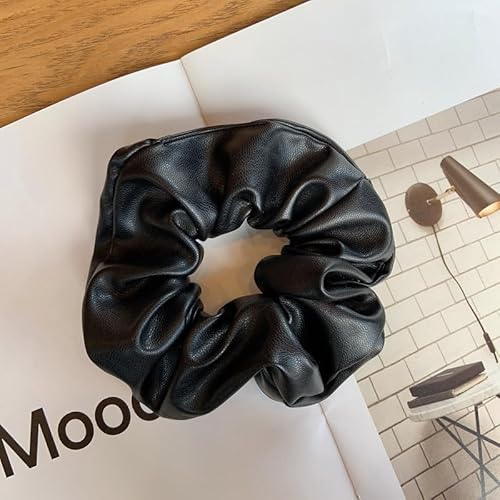 YKAFADE 3 Stücke Haargummi Scrunchie für Damen, Weich PU Leder klassische Elastische Haarbänder Pferdeschwanzhalter Haarschmuck Einfarbig Haare Ringe für Frauen Mädchen -Schwarz von YKAFADE