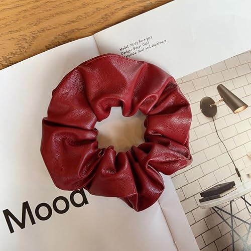 YKAFADE 3 Stücke Haargummi Scrunchie für Damen, Weich PU Leder klassische Elastische Haarbänder Pferdeschwanzhalter Haarschmuck Einfarbig Haare Ringe für Frauen Mädchen -Weinrot von YKAFADE