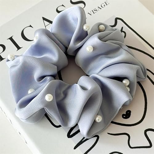 YKAFADE Scrunchies Haargummi Damen,5 Stück Satin Haargummis mit Perlen elastische Haarbänder Groß weiche Haarbänder Haarschmuck für Frauen Mädchen für Lange Feine Oder Dicke Lockige Haare -Blau von YKAFADE