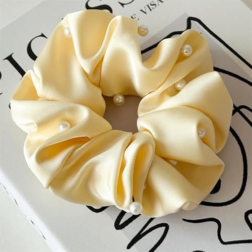 YKAFADE Scrunchies Haargummi Damen,5 Stück Satin Haargummis mit Perlen elastische Haarbänder Groß weiche Haarbänder Haarschmuck für Frauen Mädchen für Lange Feine Oder Dicke Lockige Haare -Gelb von YKAFADE