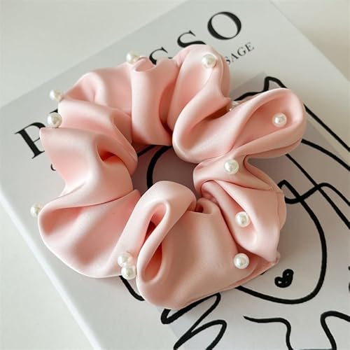 YKAFADE Scrunchies Haargummi Damen,5 Stück Satin Haargummis mit Perlen elastische Haarbänder Groß weiche Haarbänder Haarschmuck für Frauen Mädchen für Lange Feine Oder Dicke Lockige Haare -Rosa von YKAFADE