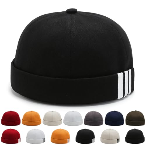 YKDLLF Sommer Docker Cap Cotton Herren Verstellbar Seemannsmütze Cap Ohne Schirm Retro Brimless Hat Rolled Cuff Fischermütze Kurz Docker Hat von YKDLLF