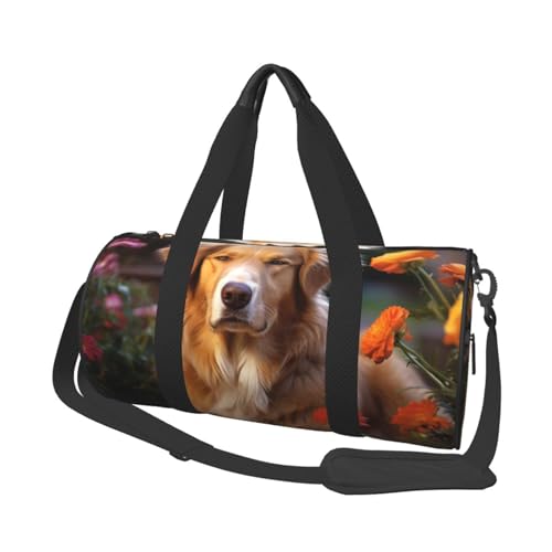 Leichte Reisetasche, Sporttasche, für Damen und Herren, faltbar, Handgepäck, Wochenendtasche, Übernachtungstasche, Hund mit Blumen, Leinen, Sporttasche für Yoga, Geschäftsreise, Schwarz , von YKEBDFW