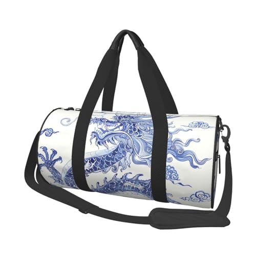 Leichte Reisetasche, Sporttasche für Damen und Herren, faltbar, Handgepäck, Wochenendtasche, Übernachtungstasche, Blau und Weiß, Drache, Leinen, Sporttasche für Yoga, Geschäftsreise, Schwarz , von YKEBDFW