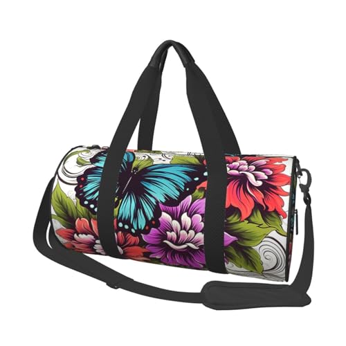 Leichte Reisetasche, Sporttasche für Damen und Herren, faltbar, Handgepäck, Wochenendtasche, Übernachtungstasche, Blumenmotiv und Schmetterling, Leinen, Sporttasche für Yoga, Geschäftsreisen, Schwarz von YKEBDFW