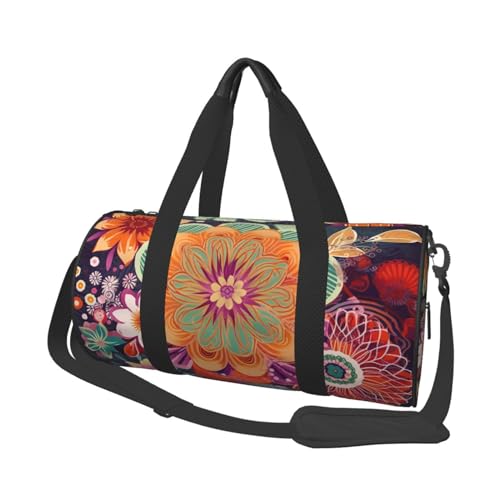 Leichte Reisetasche, Sporttasche für Damen und Herren, faltbar, Handgepäck, Wochenendtasche, Übernachtungstasche, Bohemian-Stil, farbige Blumen, Leinen, Sporttasche für Yoga, Geschäftsreisen, Schwarz von YKEBDFW