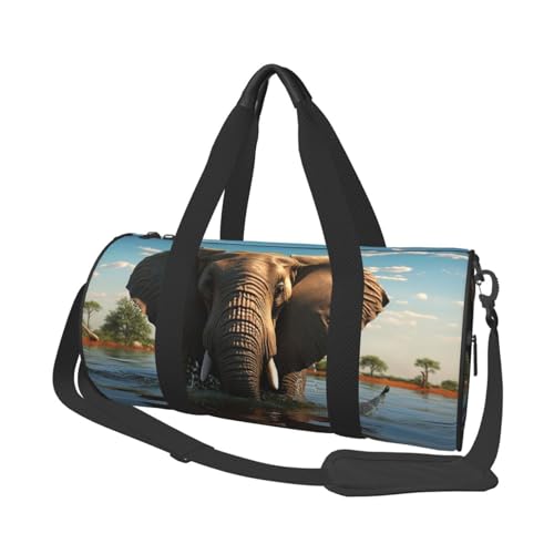 Leichte Reisetasche, Sporttasche für Damen und Herren, faltbar, Handgepäck, Wochenendtasche, Übernachtungstasche, Elefant sitzt im Wasser, Segeltuch, Sporttasche für Yoga, Geschäftsreise, Schwarz , von YKEBDFW