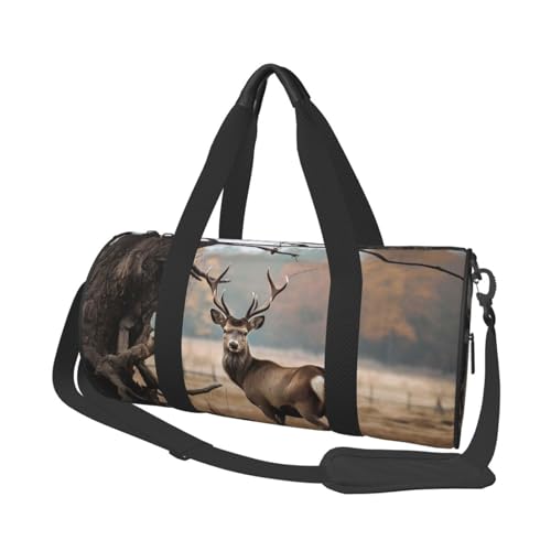 Leichte Reisetasche, Sporttasche für Damen und Herren, faltbar, Handgepäck, Wochenendtasche, Übernachtungstasche, brauner Hirsch, nahe verwelktem Baum, Segeltuch, Sporttasche für Yoga, Geschäftsreise, von YKEBDFW