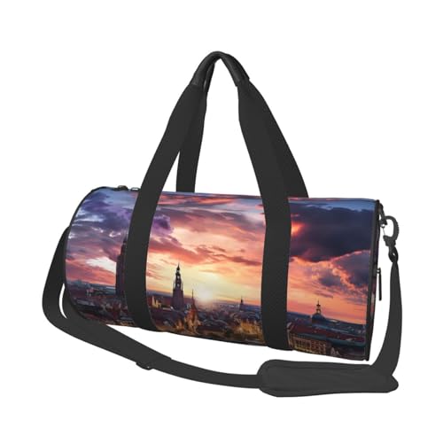 Leichte Reisetasche, Sporttasche für Damen und Herren, faltbar, Handgepäck, Wochenendtasche, Übernachtungstasche, bunt, Stadt, Sonnenuntergang, Segeltuch, Sporttasche für Yoga, Geschäftsreise, Schwarz von YKEBDFW