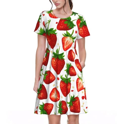 Stylisches Sommerkleid für Damen, mit Erdbeer-Druck, fließend, kurzärmelig, mit Seitentaschen, Schwarz, 3X-Groß Stylisches Sommerkleid für Damen, mit Erdbeer-Druck, fließend, kurzärmelig, mit Seitentaschen, Schwarz, 3X-Groß von YKJJFVZ