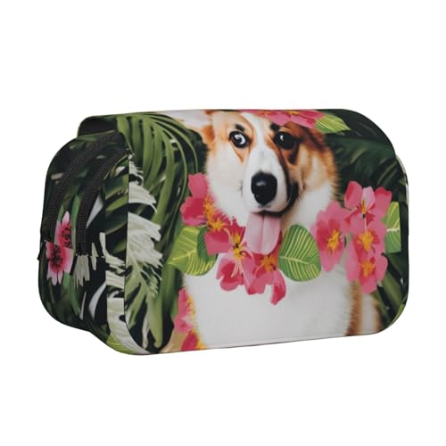 Junge Pinguine mit Schnee-Aufdruck, Flip-Top-Federmäppchen, Stift-Organizer mit 2 Reißverschlussfächern, große Kapazität, Make-up-Taschen für Schule, Reisen und Büro, Tropische Blume und Corgi 2 von YKLJG