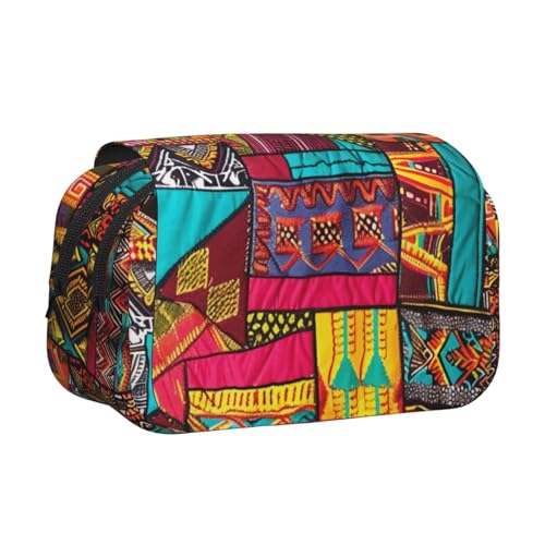 YKLJG Art Ladybug Tracks Druck-Flip-Top-Federmäppchen Stift-Organizer mit 2 Reißverschlussfächern, große Kapazität, Make-up-Taschen für Schule, Reisen und Büro, Afrikanisches Textil-Patchwork von YKLJG