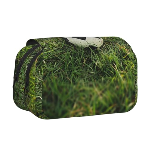 YKLJG Federmäppchen, Motiv: Schlangenhaut-Kunstdruck, Flip-Top, Stift-Organizer mit 2 Reißverschlussfächern, große Kapazität, Make-up-Taschen für Schule, Reisen und Büro, Grünes Gras-Fußball-Druck von YKLJG