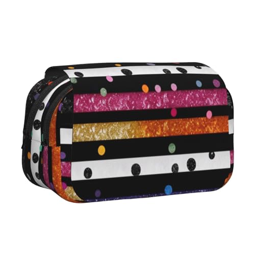 YKLJG Federmäppchen mit 2 Reißverschlussfächern, großes Fassungsvermögen, Make-up-Taschen für Schule, Reisen und Büro, goldfarben / Schwarz, Glitzernde Regenbogen-Punkte und schwarz-weiße Streifen von YKLJG
