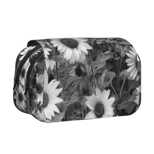 YKLJG Federmäppchen mit Flaschenmuschel-Druck, Flip-Top, Stift-Organizer mit 2 Reißverschlussfächern, große Kapazität, Make-up-Taschen für Schule, Reisen und Büro, Schwarz-weiße Sonnenblumen von YKLJG