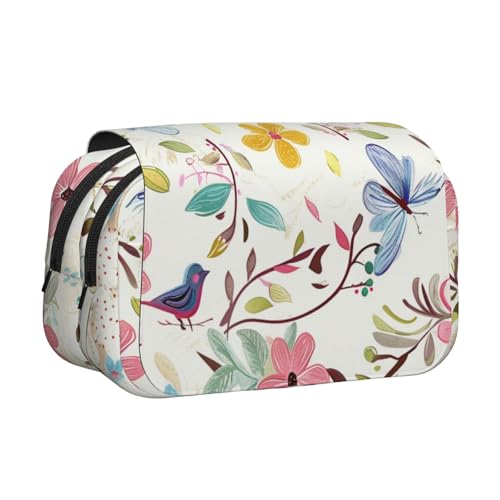 YKLJG Federmäppchen mit Totenkopf-Motiv, mit 2 Reißverschlussfächern, große Kapazität, Make-up-Taschen für Schule, Reisen und Büro, Romantische Ausgefallene Blumen Vögel Schmetterling, Einheitsgröße von YKLJG