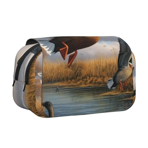 YKLJG Federmäppchen mit hübschem Mops-Aufdruck, Flip-Top, Stift-Organizer mit 2 Reißverschlussfächern, große Kapazität, Make-up-Taschen für Schule, Reisen und Büro, Jagd fliegende Wildenten am See von YKLJG