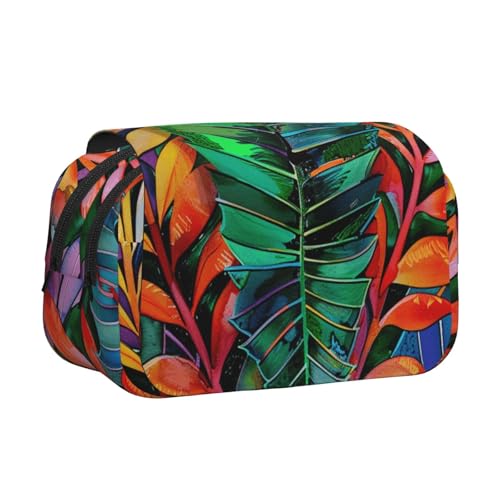 YKLJG Federmäppchen mit niedlichem Eichhörnchen-Druck, Flip-Top, Stift-Organizer mit 2 Reißverschlussfächern, große Kapazität, Make-up-Taschen für Schule, Reisen und Büro, Buntes tropisches Blatt von YKLJG