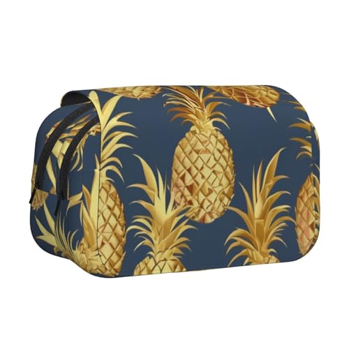 YKLJG I Love Alpacas Print Flip-Top Federmäppchen Stift-Organizer mit 2 Reißverschlussfächern, große Kapazität Make-up-Taschen für Schule, Reisen & Büro, Goldener Ananas-Hintergrund, Einheitsgröße von YKLJG